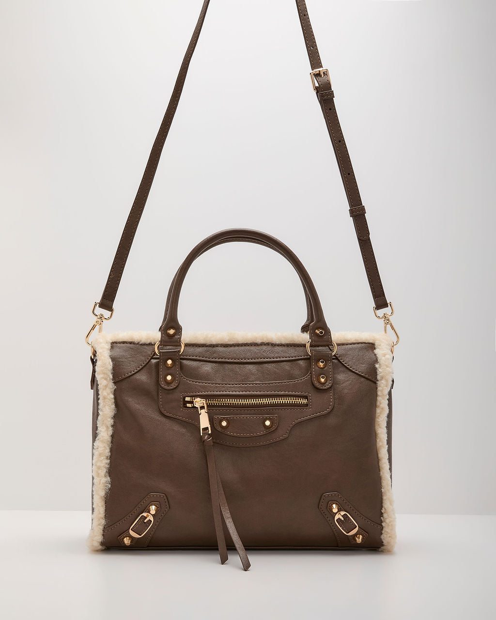 Brooklyn Vegan Leather Sherpa Trim Shoulder Bag