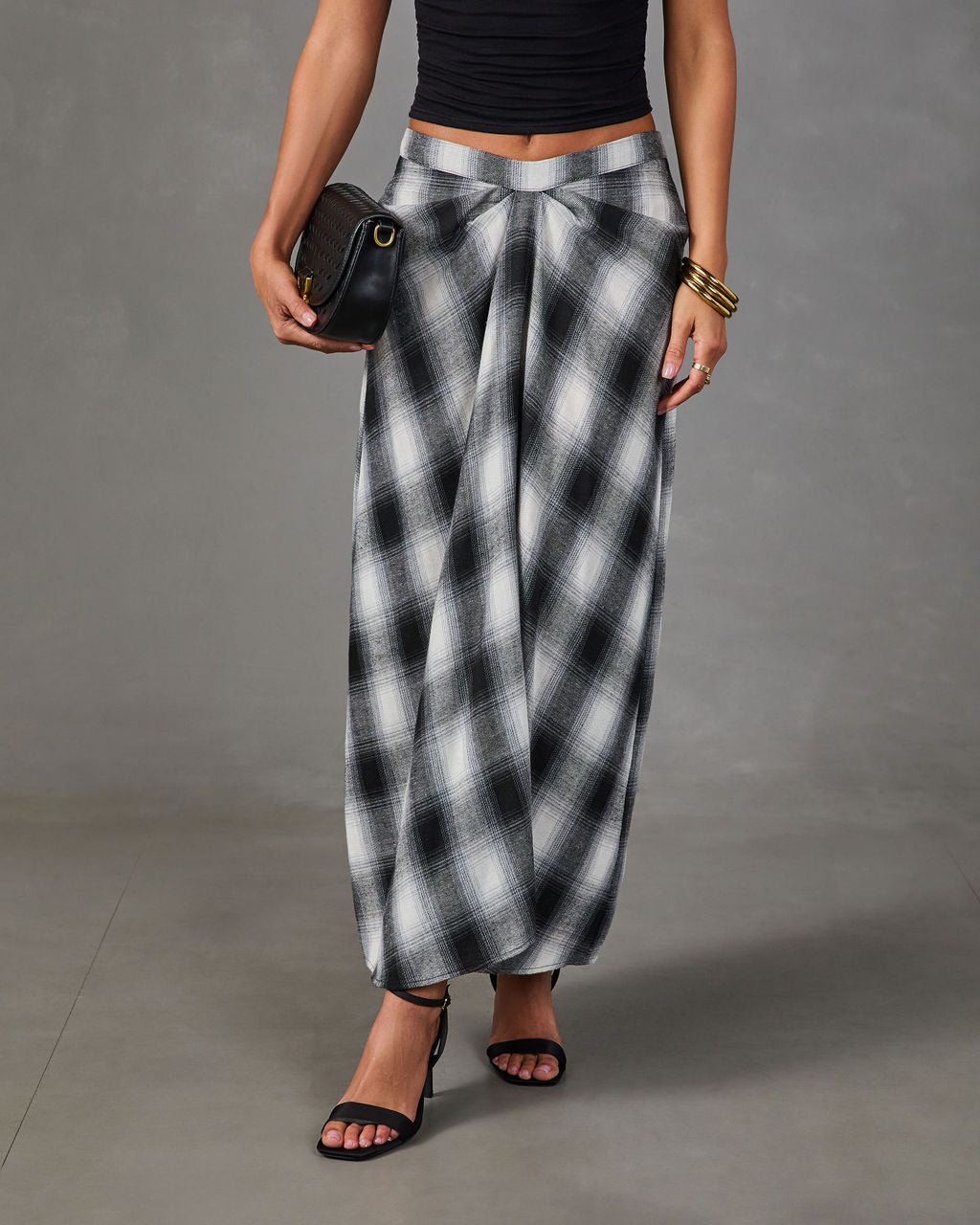 Coming Together Draped Plaid Maxi Skirt