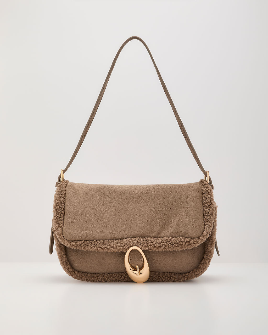 Eva Faux Suede Shearling Trim Shoulder Bag