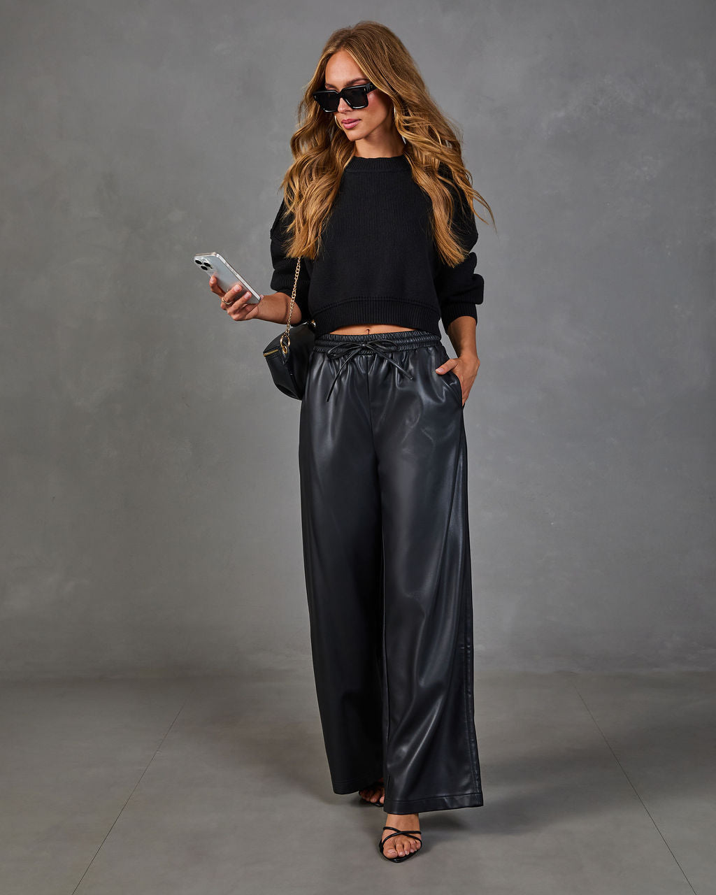 Steffan Vegan Leather Drawstring Waist Wide Leg Pants