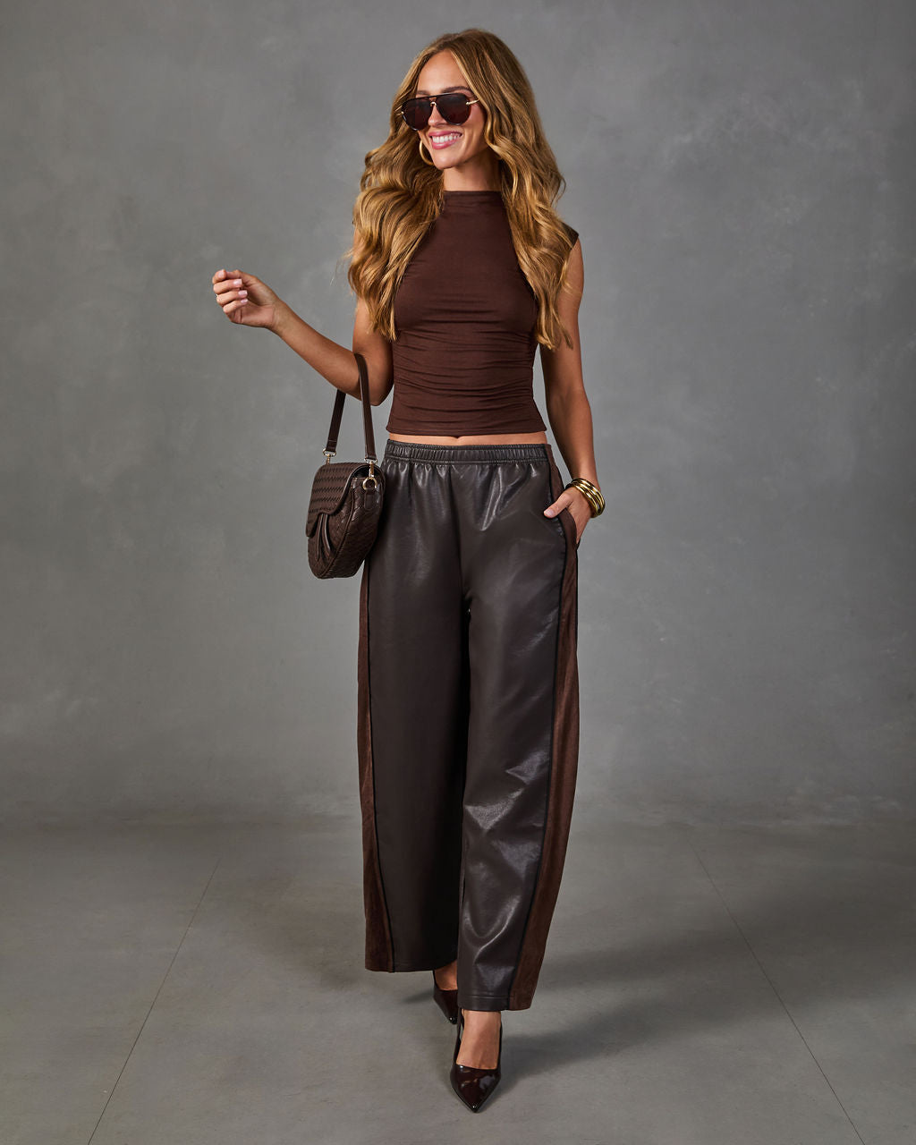 Lucca Vegan Leather Contrast Trim Wide Leg Pants