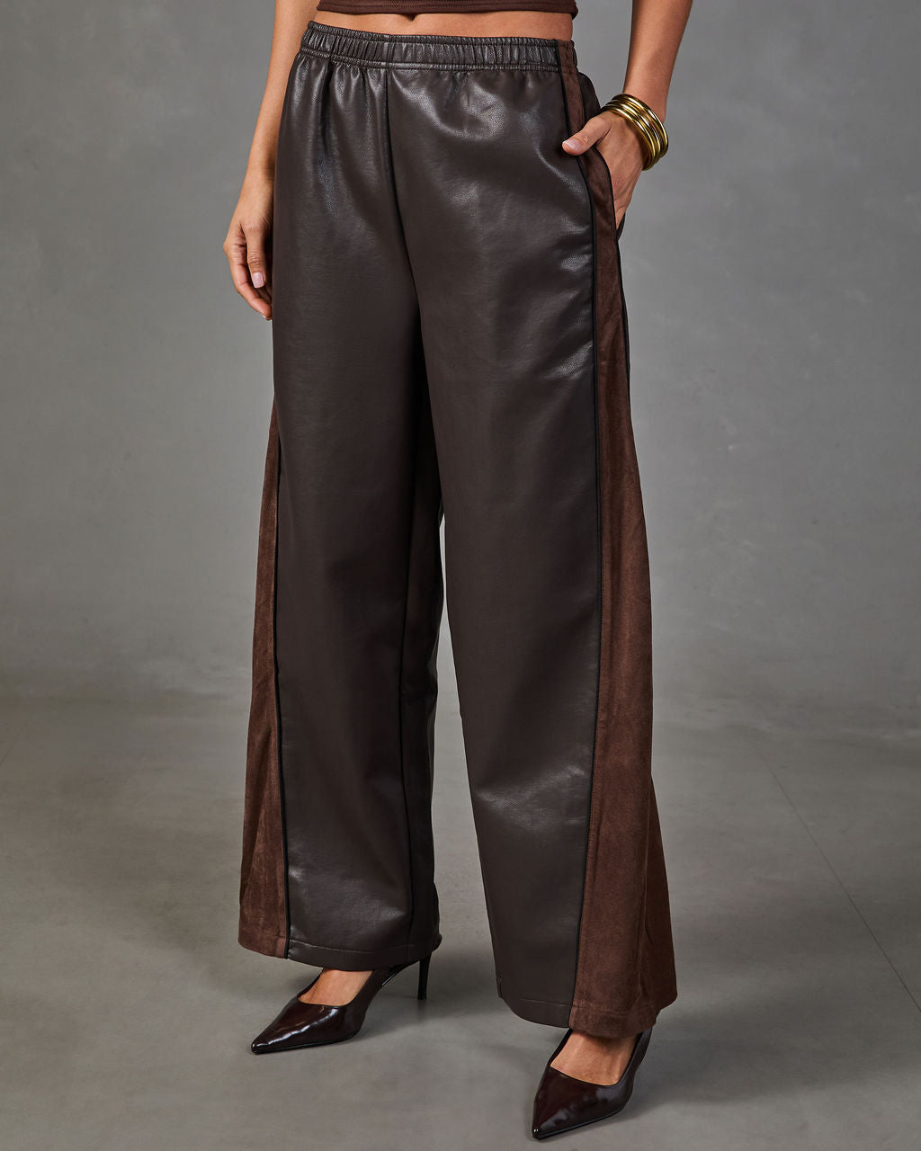 Lucca Vegan Leather Contrast Trim Wide Leg Pants