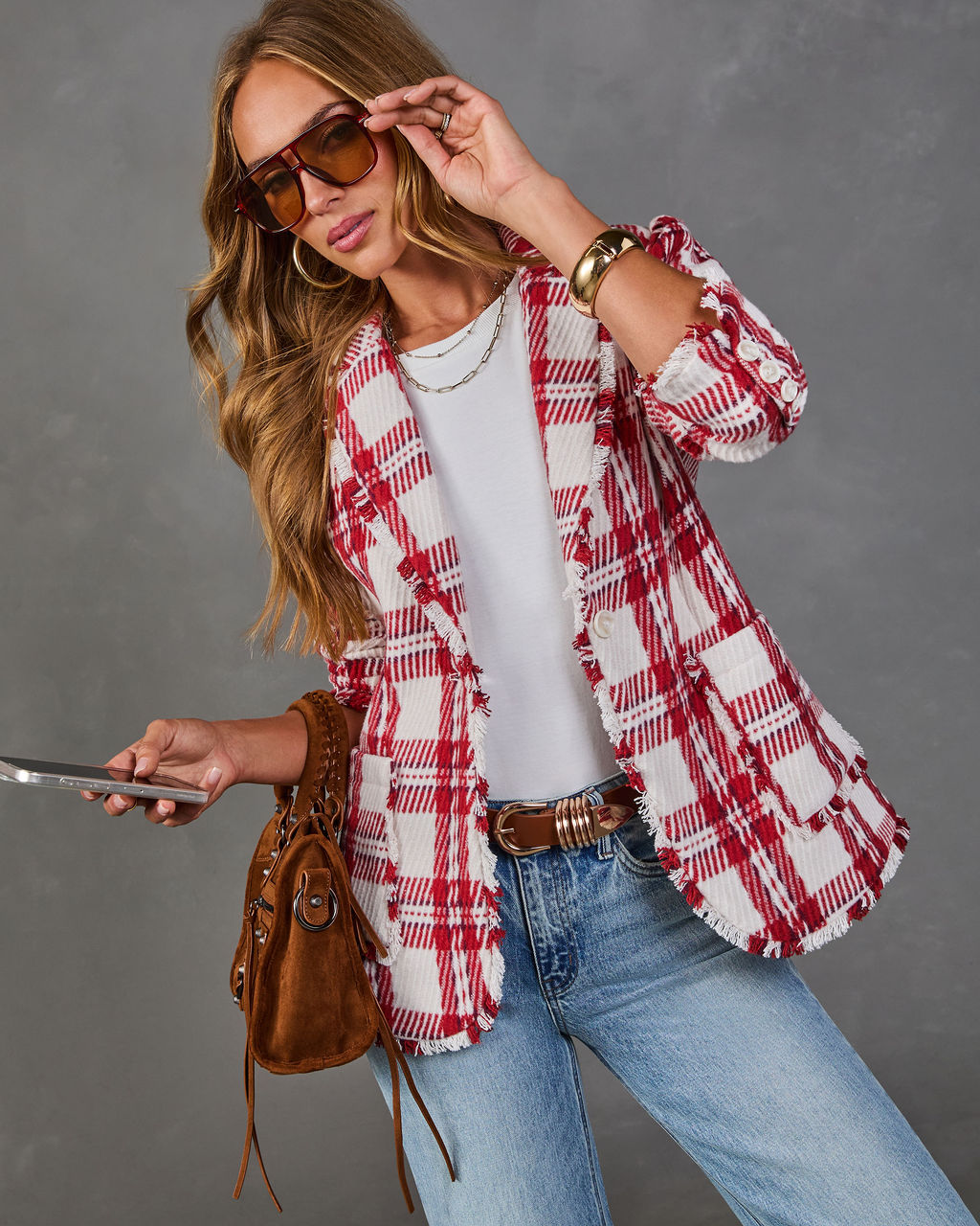 Autumnal Glow Knit Plaid Blazer
