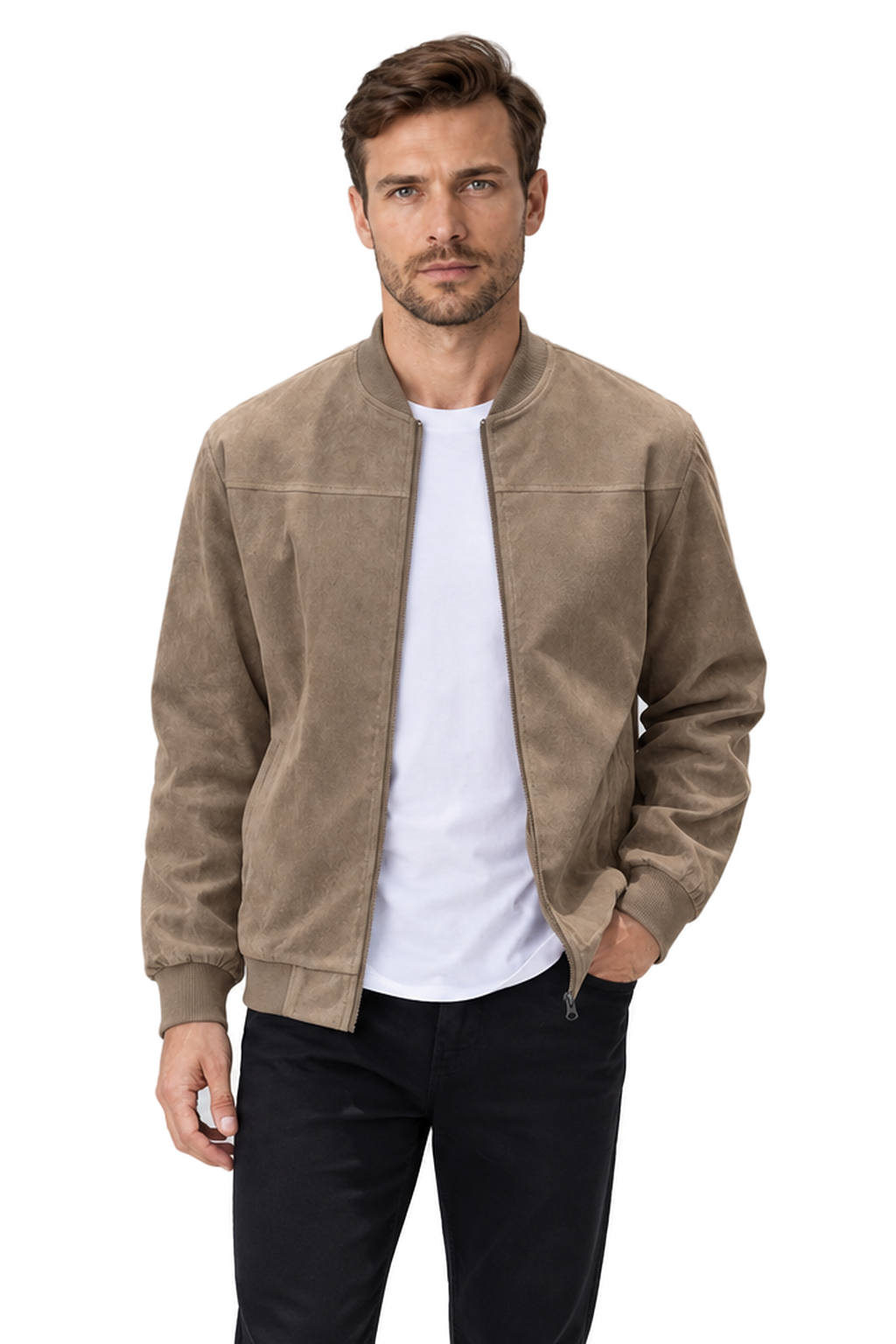 Men's Bomber Jacket Suede Finish Stand Collar | Glitz & Fashion