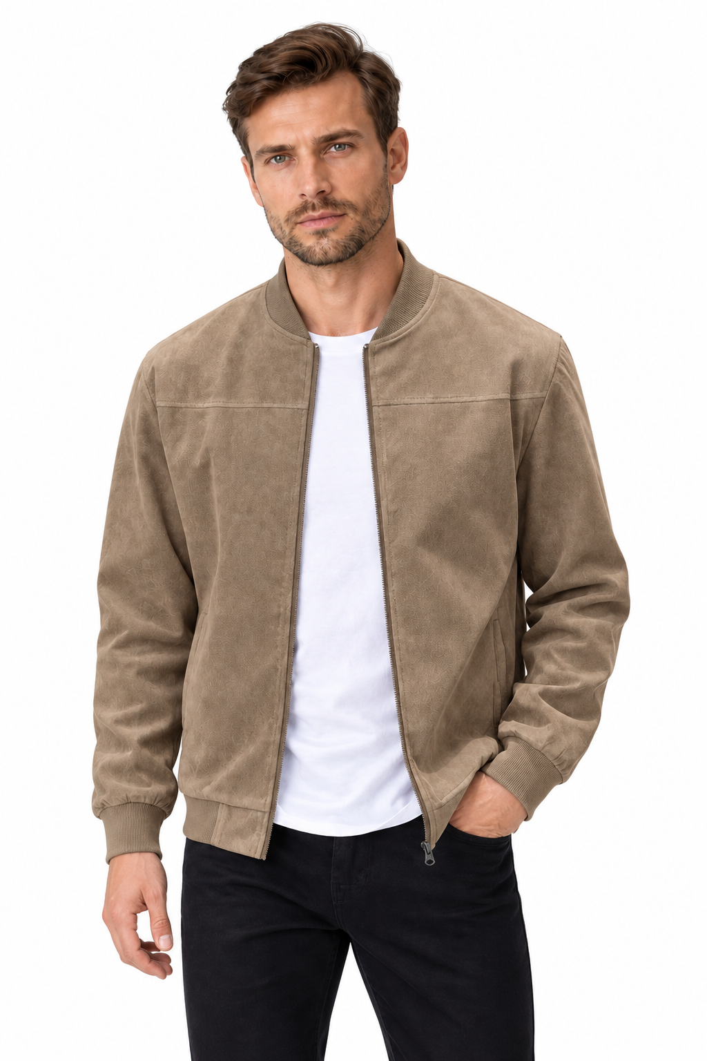 Men's Bomber Jacket Suede Finish Stand Collar | Glitz & Fashion