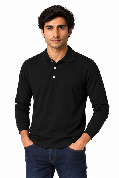 Men's Long Sleeve Polo Shirt Soft Knit Button Collar | Glitz & Fashion