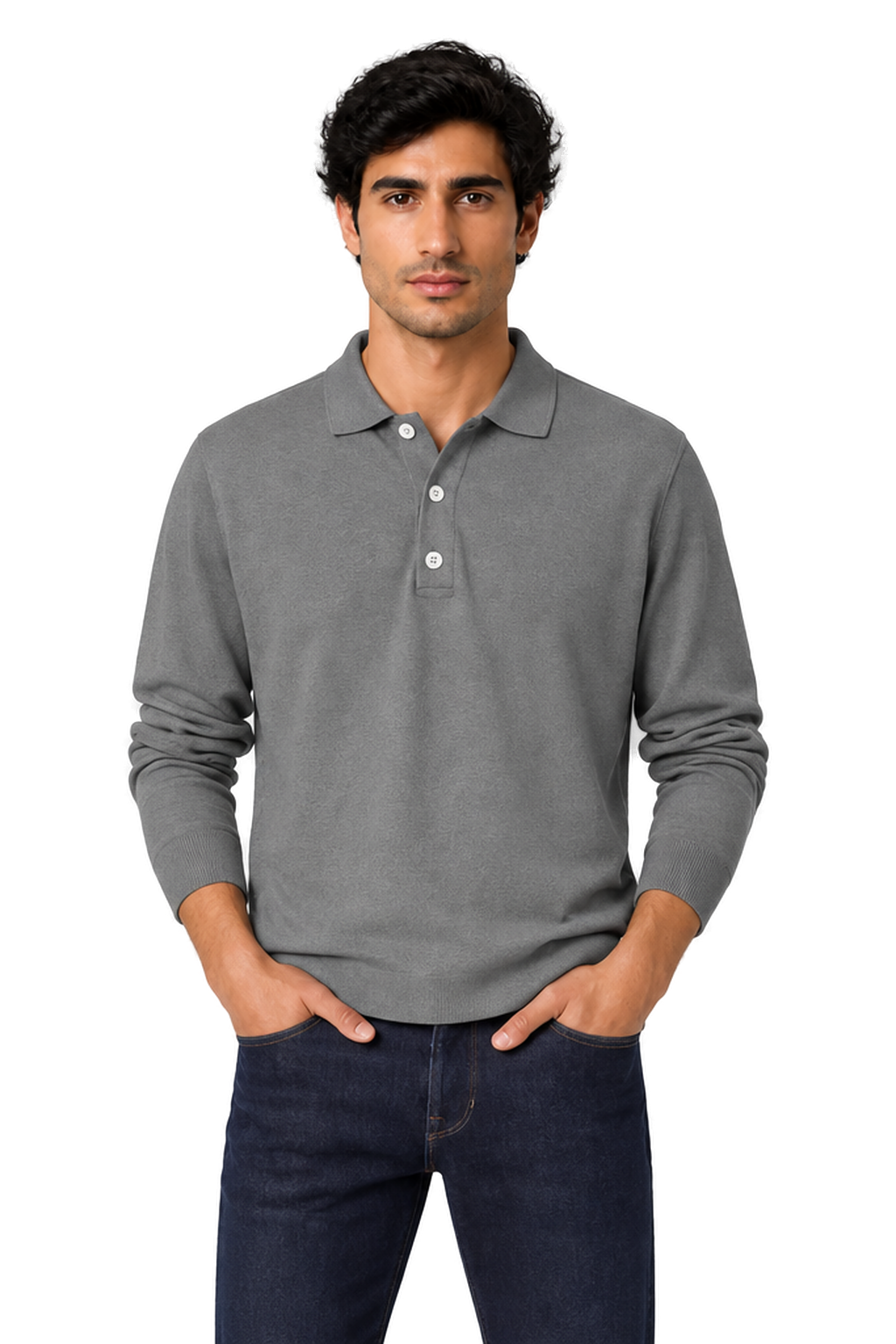 Men's Long Sleeve Polo Shirt Soft Knit Button Collar | Glitz & Fashion