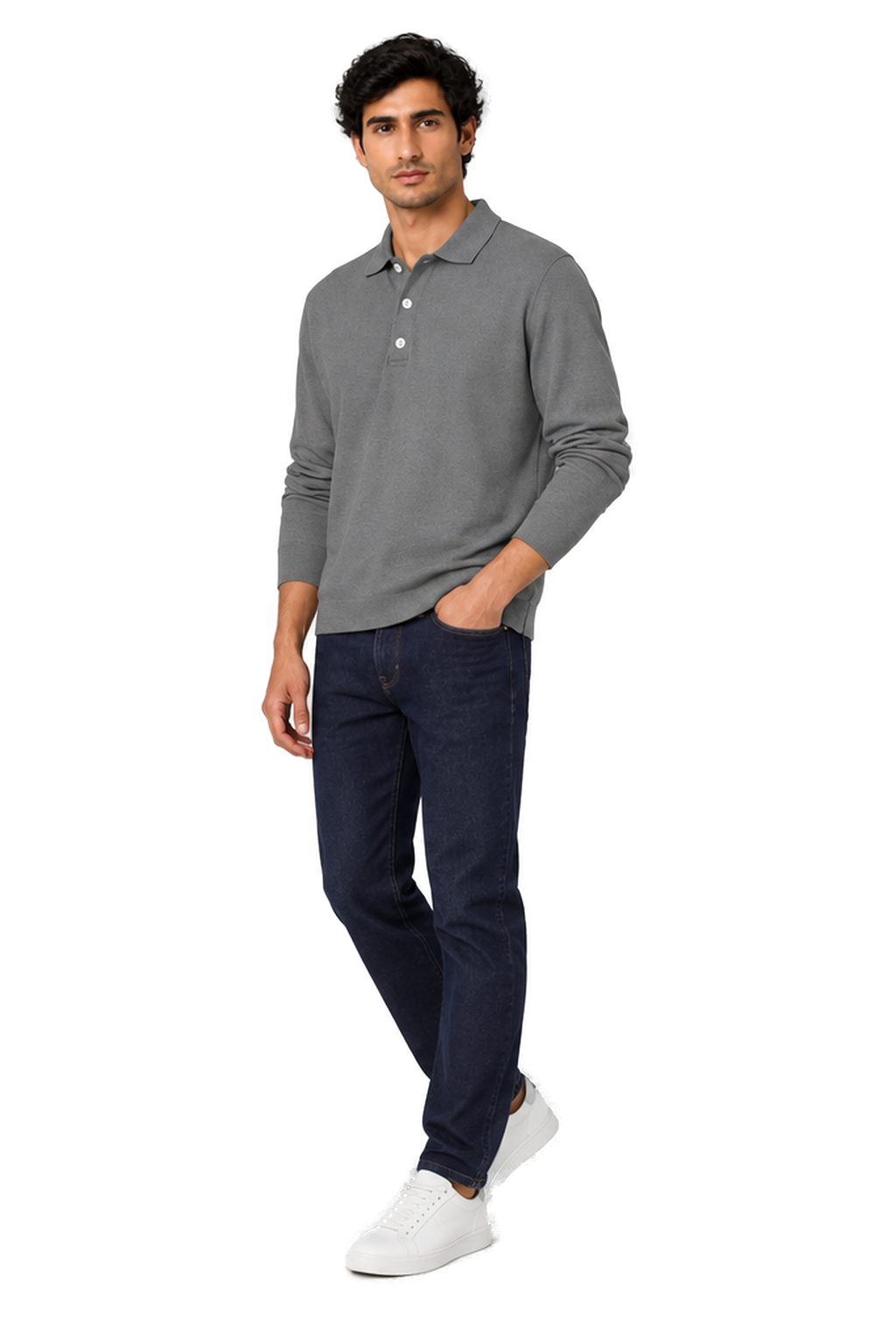 Men's Long Sleeve Polo Shirt Soft Knit Button Collar | Glitz & Fashion
