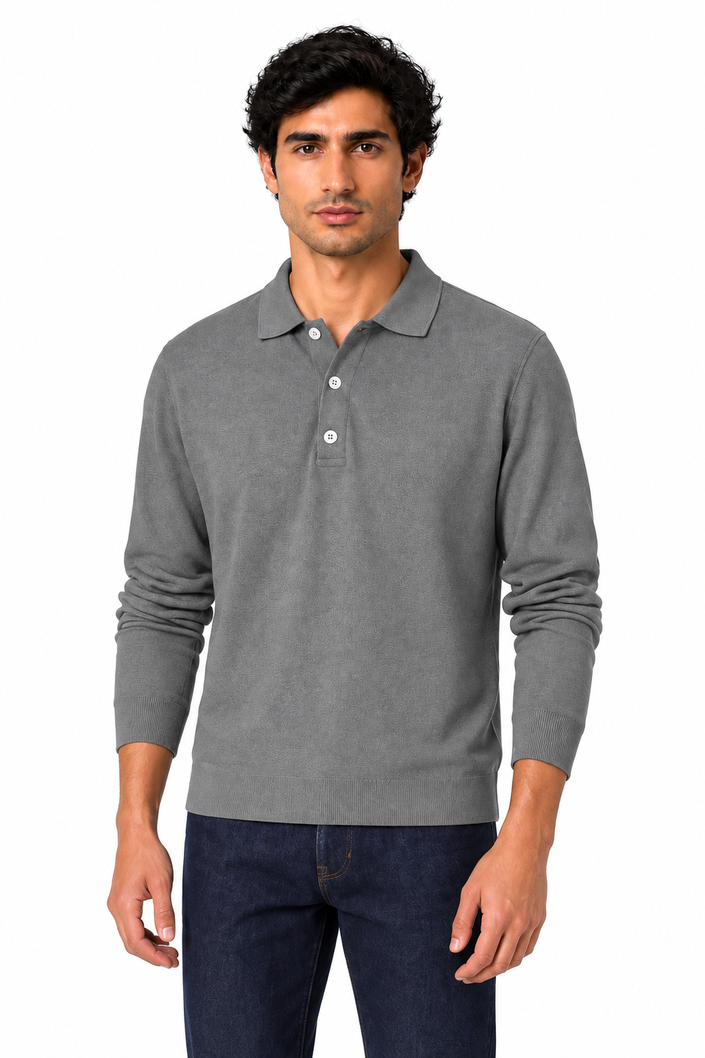 Men's Long Sleeve Polo Shirt Soft Knit Button Collar | Glitz & Fashion