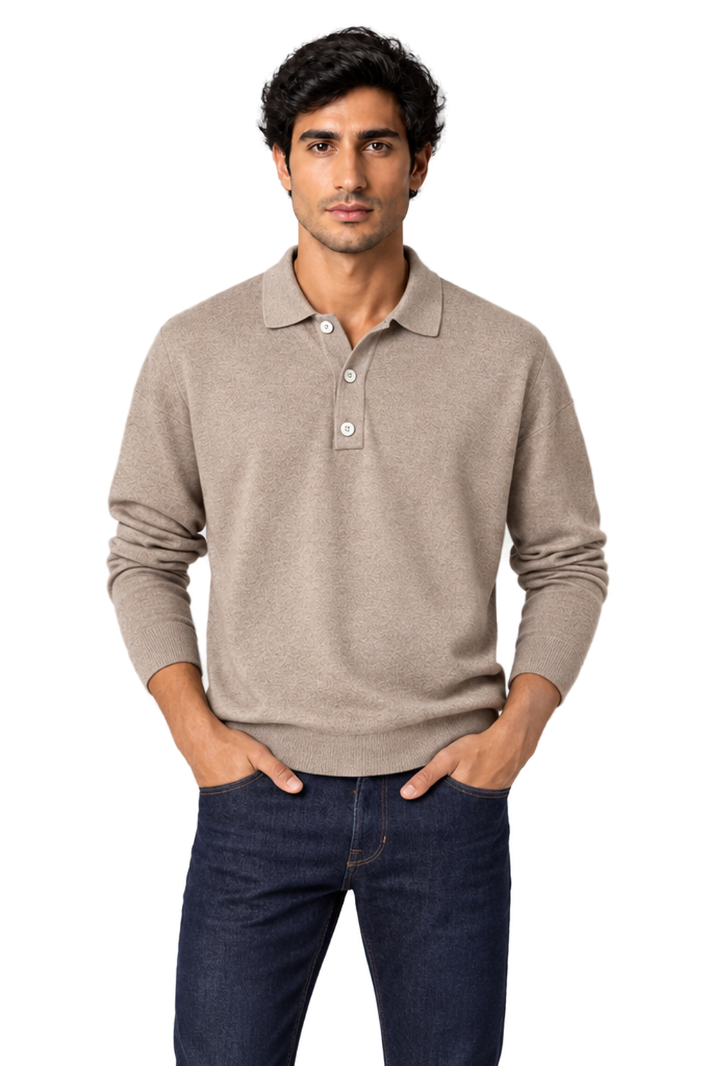Men's Long Sleeve Polo Shirt Soft Knit Button Collar | Glitz & Fashion