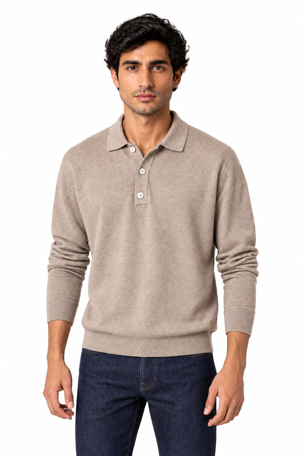 Men's Long Sleeve Polo Shirt Soft Knit Button Collar | Glitz & Fashion