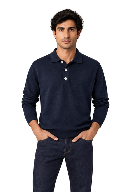 Men's Long Sleeve Polo Shirt Soft Knit Button Collar | Glitz & Fashion