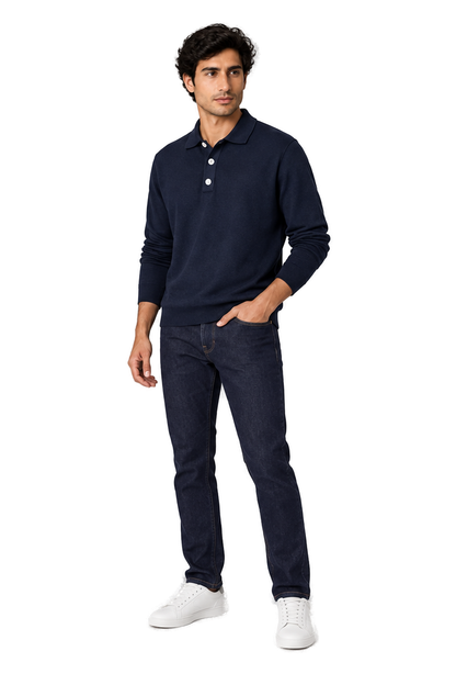 Men's Long Sleeve Polo Shirt Soft Knit Button Collar | Glitz & Fashion