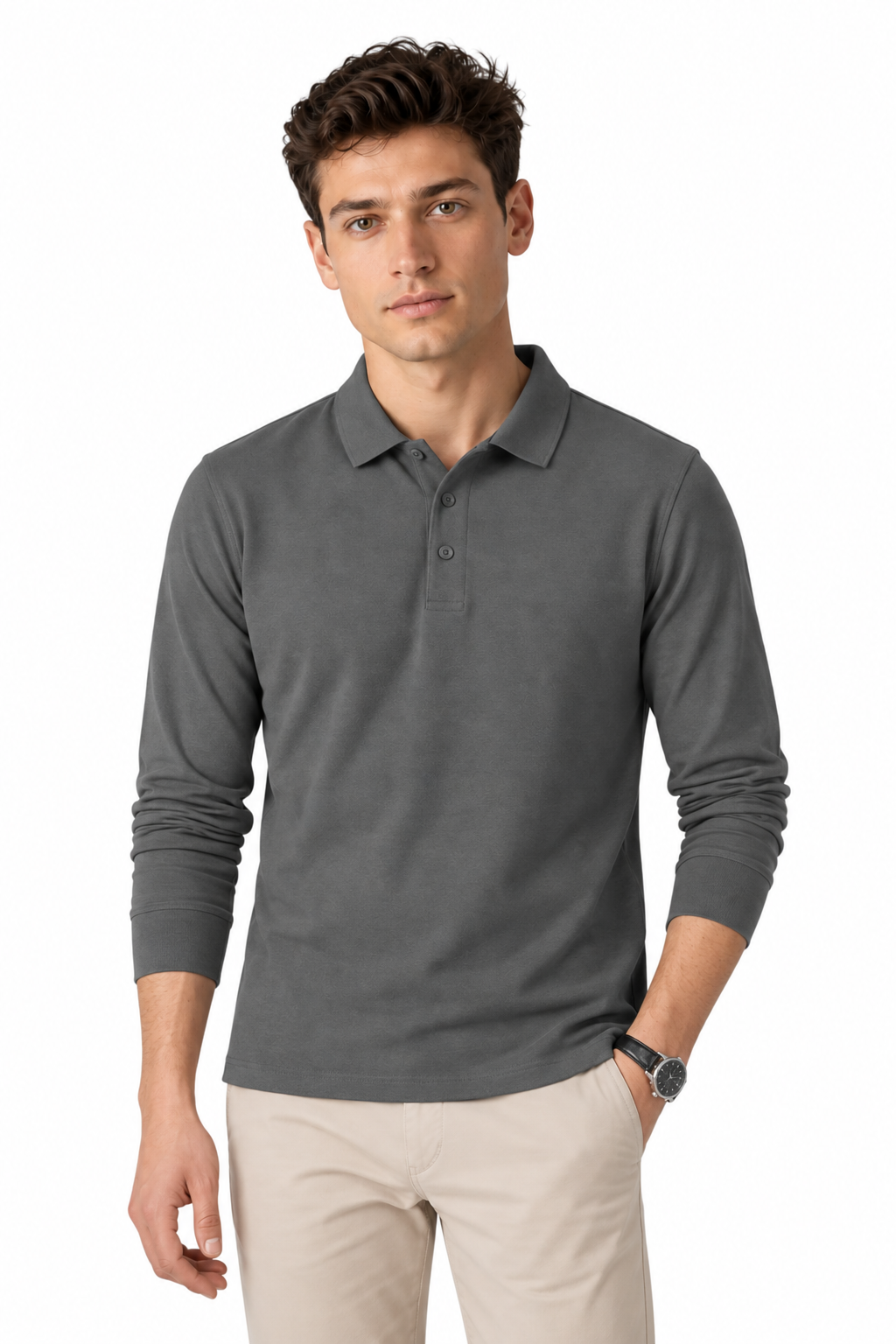 Men's Long Sleeve Polo Shirt Solid Color Classic Fit | Glitz & Fashion