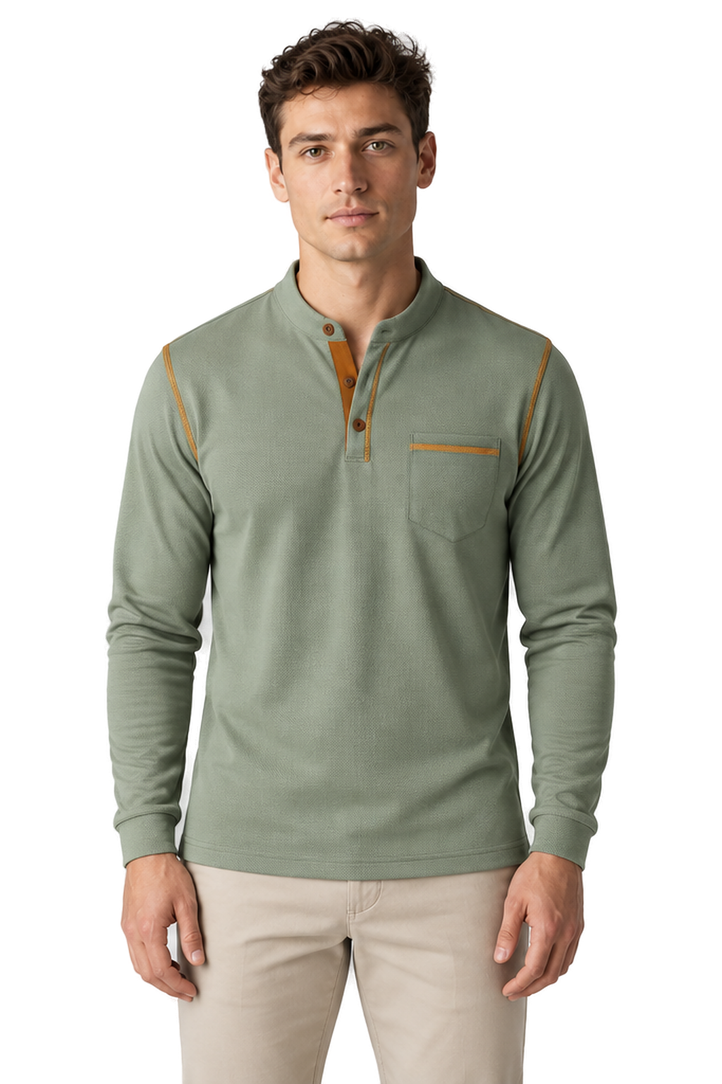Men's Long Sleeve Polo Shirt Textured Fabric Chest Pocket | Glitz & Fashion