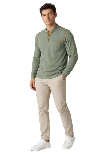 Men's Long Sleeve Polo Shirt Textured Fabric Chest Pocket | Glitz & Fashion