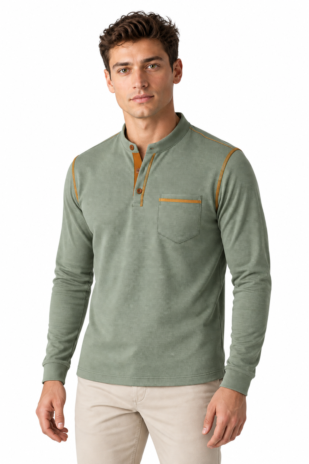 Men's Long Sleeve Polo Shirt Textured Fabric Chest Pocket | Glitz & Fashion