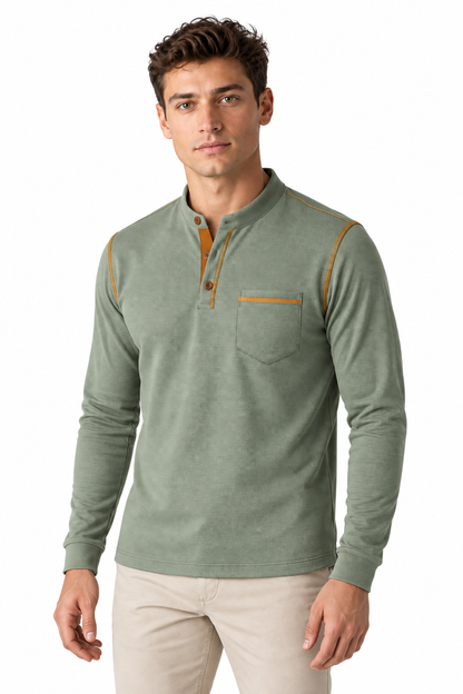 Men's Long Sleeve Polo Shirt Textured Fabric Chest Pocket | Glitz & Fashion