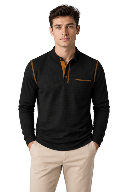 Men's Long Sleeve Polo Shirt Textured Fabric Chest Pocket | Glitz & Fashion
