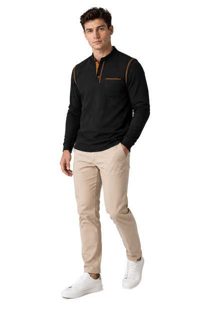Men's Long Sleeve Polo Shirt Textured Fabric Chest Pocket | Glitz & Fashion