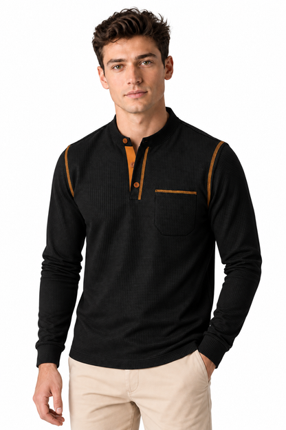 Men's Long Sleeve Polo Shirt Textured Fabric Chest Pocket | Glitz & Fashion