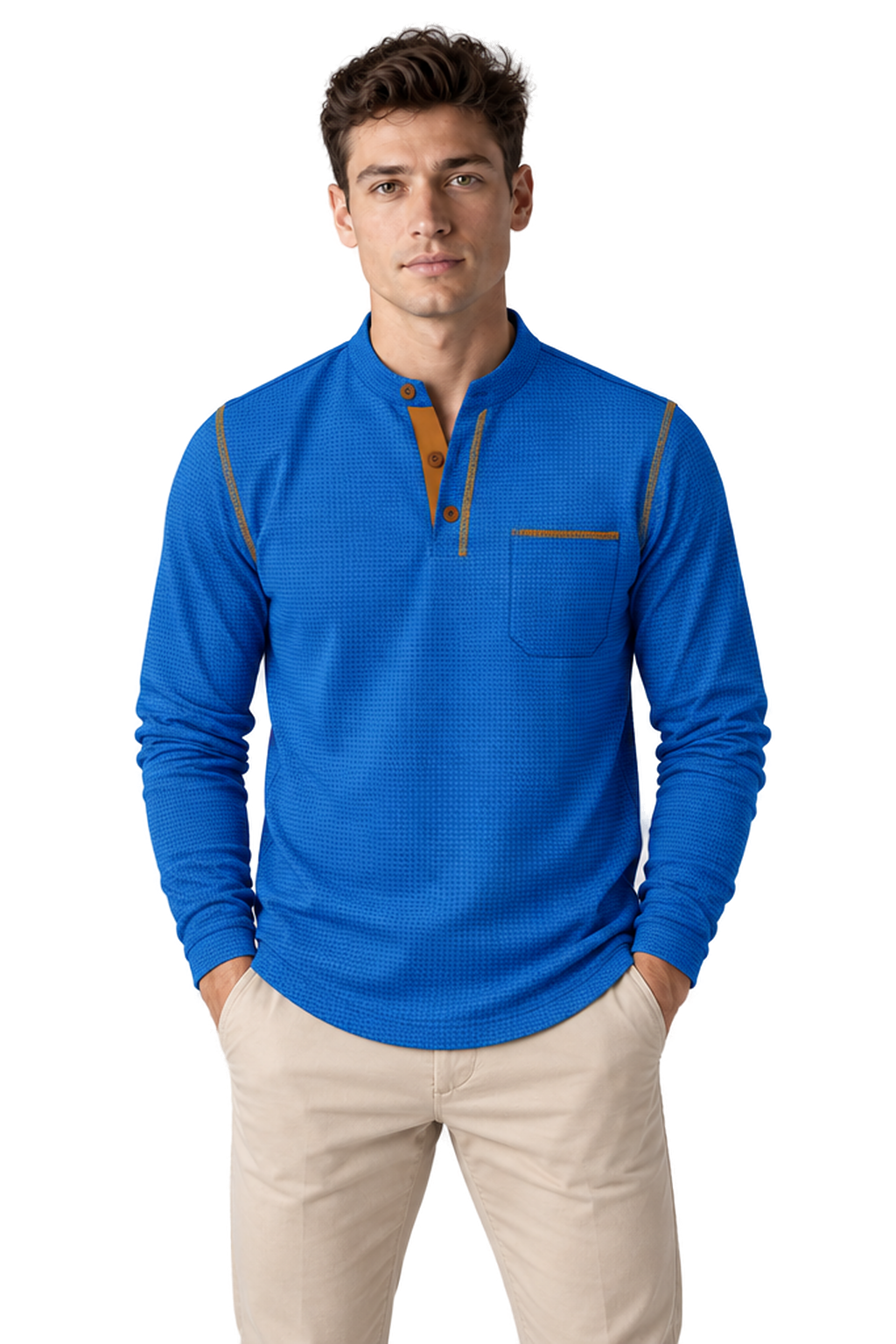 Men's Long Sleeve Polo Shirt Textured Fabric Chest Pocket | Glitz & Fashion