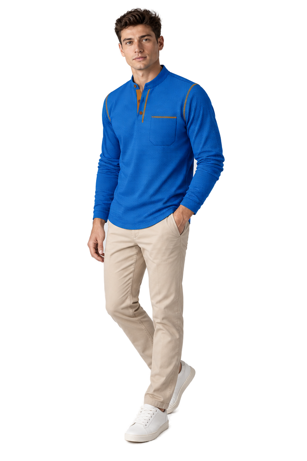 Men's Long Sleeve Polo Shirt Textured Fabric Chest Pocket | Glitz & Fashion