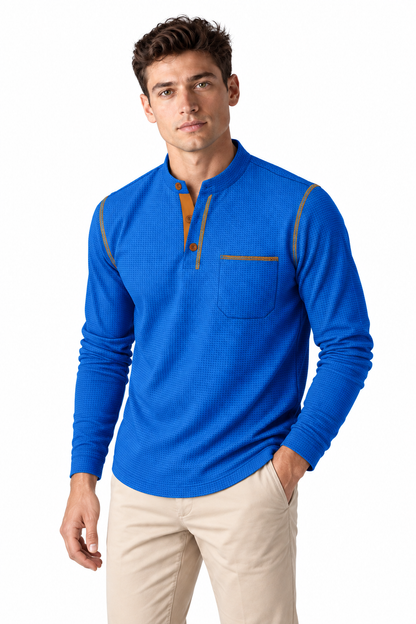 Men's Long Sleeve Polo Shirt Textured Fabric Chest Pocket | Glitz & Fashion