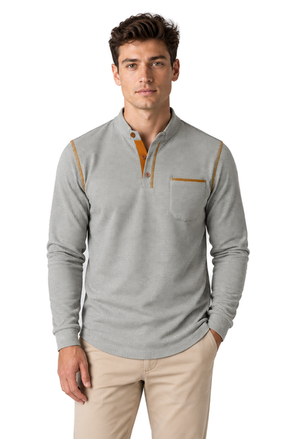 Men's Long Sleeve Polo Shirt Textured Fabric Chest Pocket | Glitz & Fashion