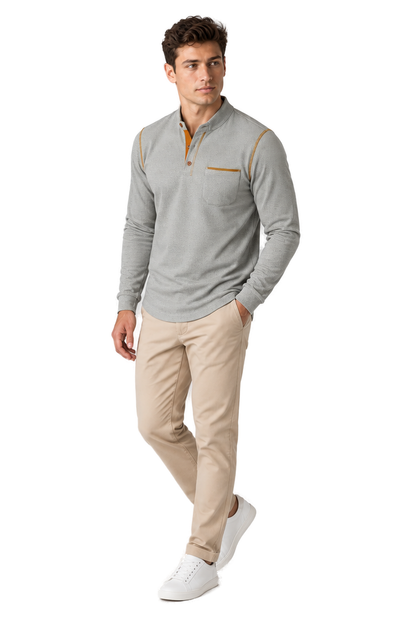 Men's Long Sleeve Polo Shirt Textured Fabric Chest Pocket | Glitz & Fashion