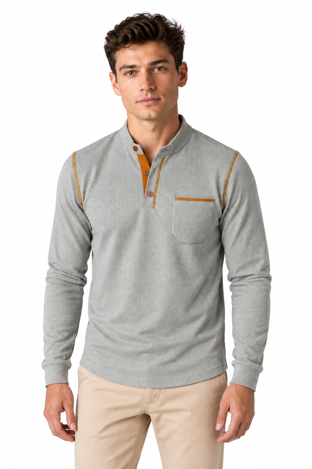 Men's Long Sleeve Polo Shirt Textured Fabric Chest Pocket | Glitz & Fashion