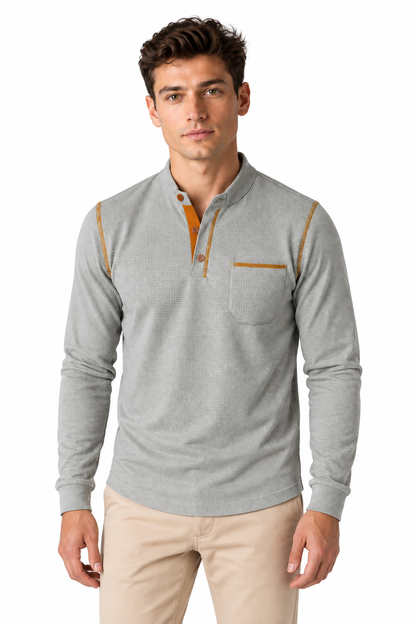 Men's Long Sleeve Polo Shirt Textured Fabric Chest Pocket | Glitz & Fashion