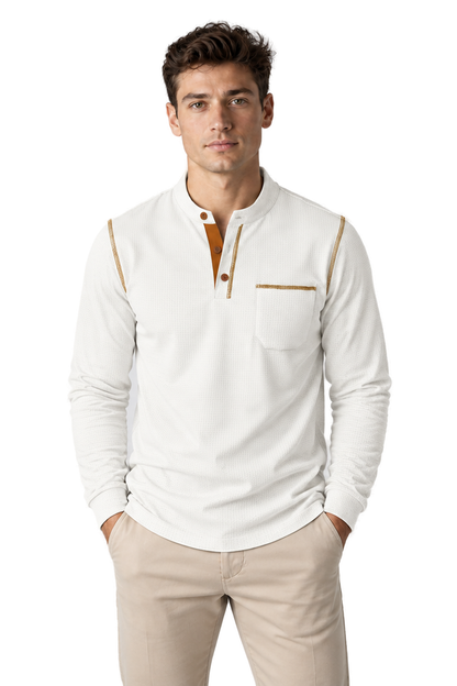 Men's Long Sleeve Polo Shirt Textured Fabric Chest Pocket | Glitz & Fashion