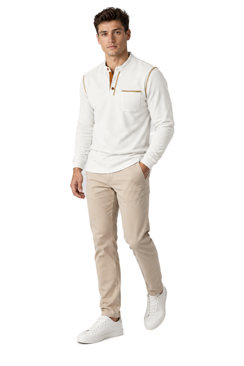 Men's Long Sleeve Polo Shirt Textured Fabric Chest Pocket | Glitz & Fashion