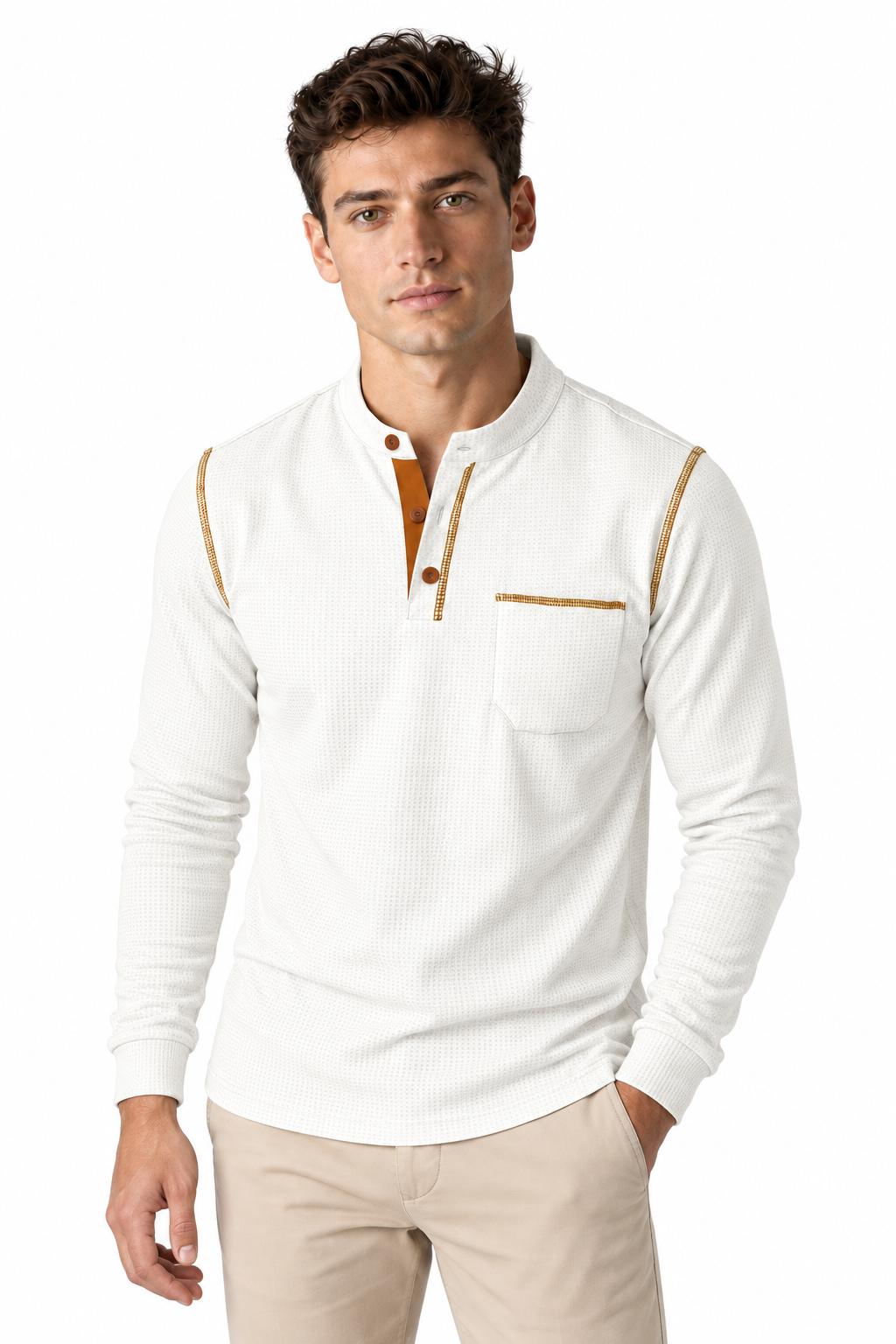 Men's Long Sleeve Polo Shirt Textured Fabric Chest Pocket | Glitz & Fashion