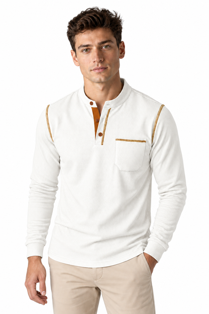 Men's Long Sleeve Polo Shirt Textured Fabric Chest Pocket | Glitz & Fashion