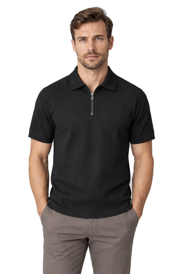 Men's Polo Shirt Textured Knit Zip Neck | Glitz & Fashion