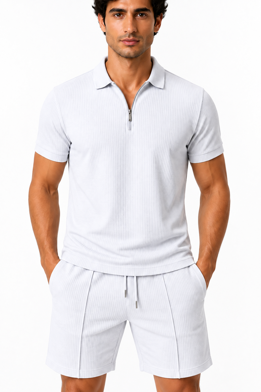 Men's Polo Shorts Set Waffle Knit Half Zip | Glitz & Fashion