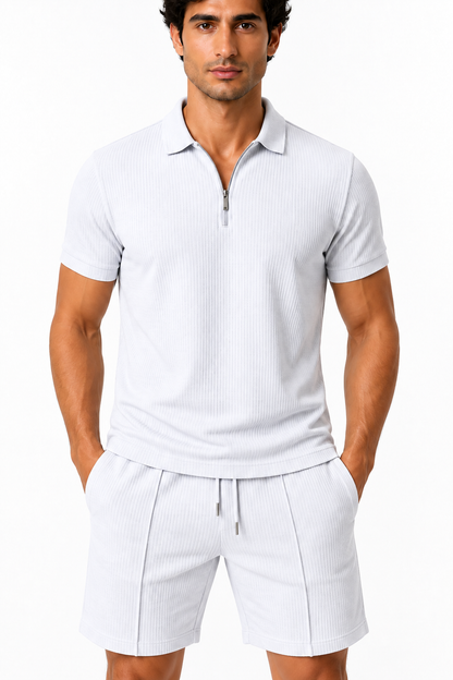 Men's Polo Shorts Set Waffle Knit Half Zip | Glitz & Fashion