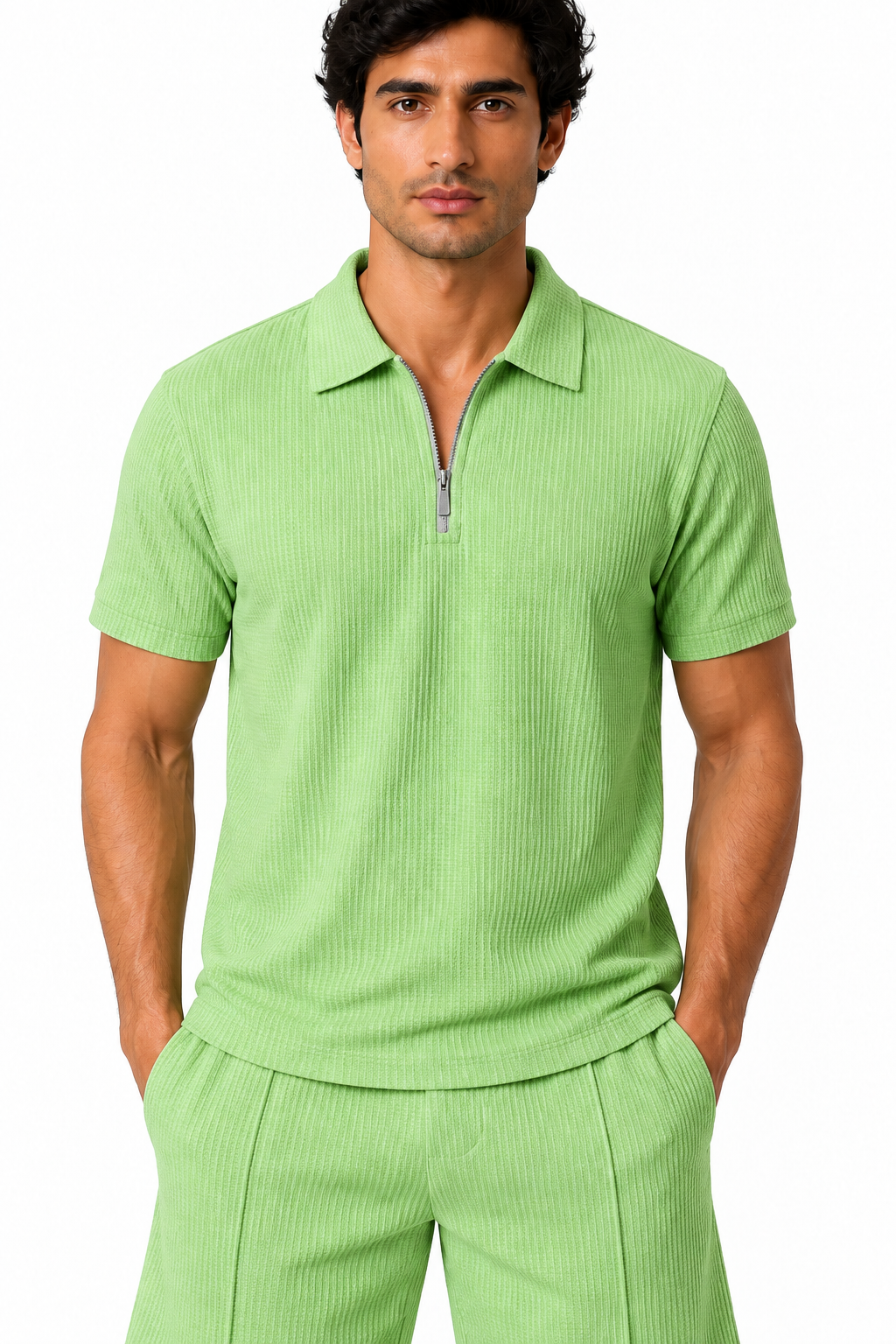 Men's Polo Shorts Set Waffle Knit Half Zip | Glitz & Fashion