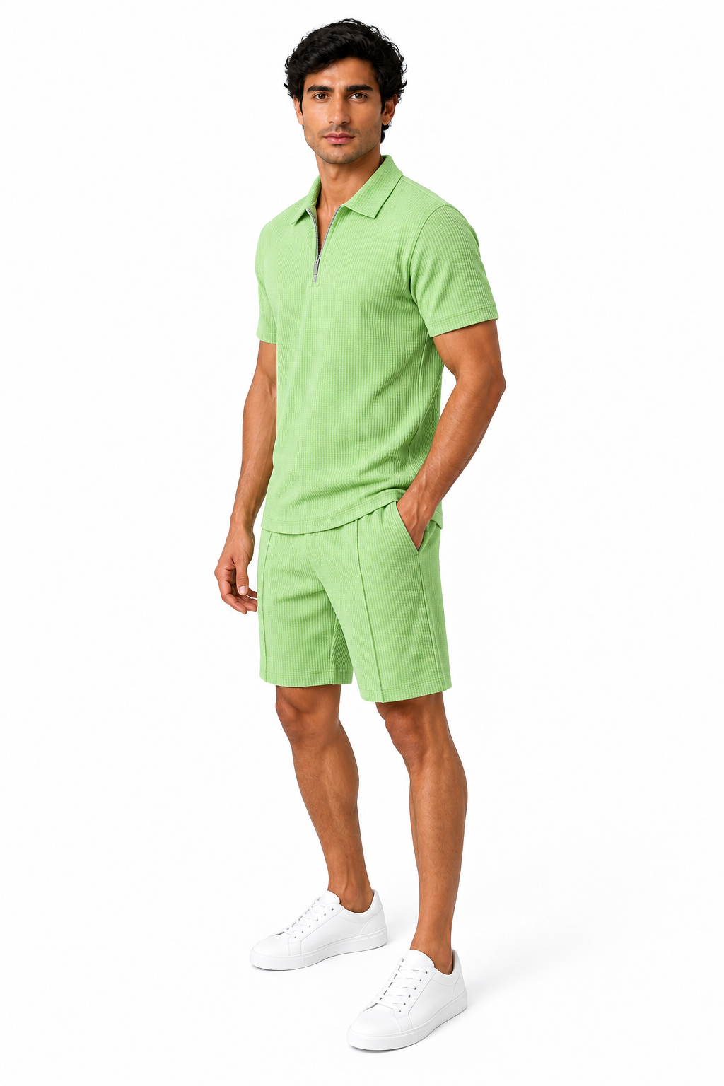 Men's Polo Shorts Set Waffle Knit Half Zip | Glitz & Fashion