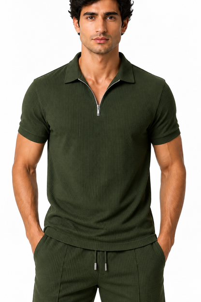 Men's Polo Shorts Set Waffle Knit Half Zip | Glitz & Fashion