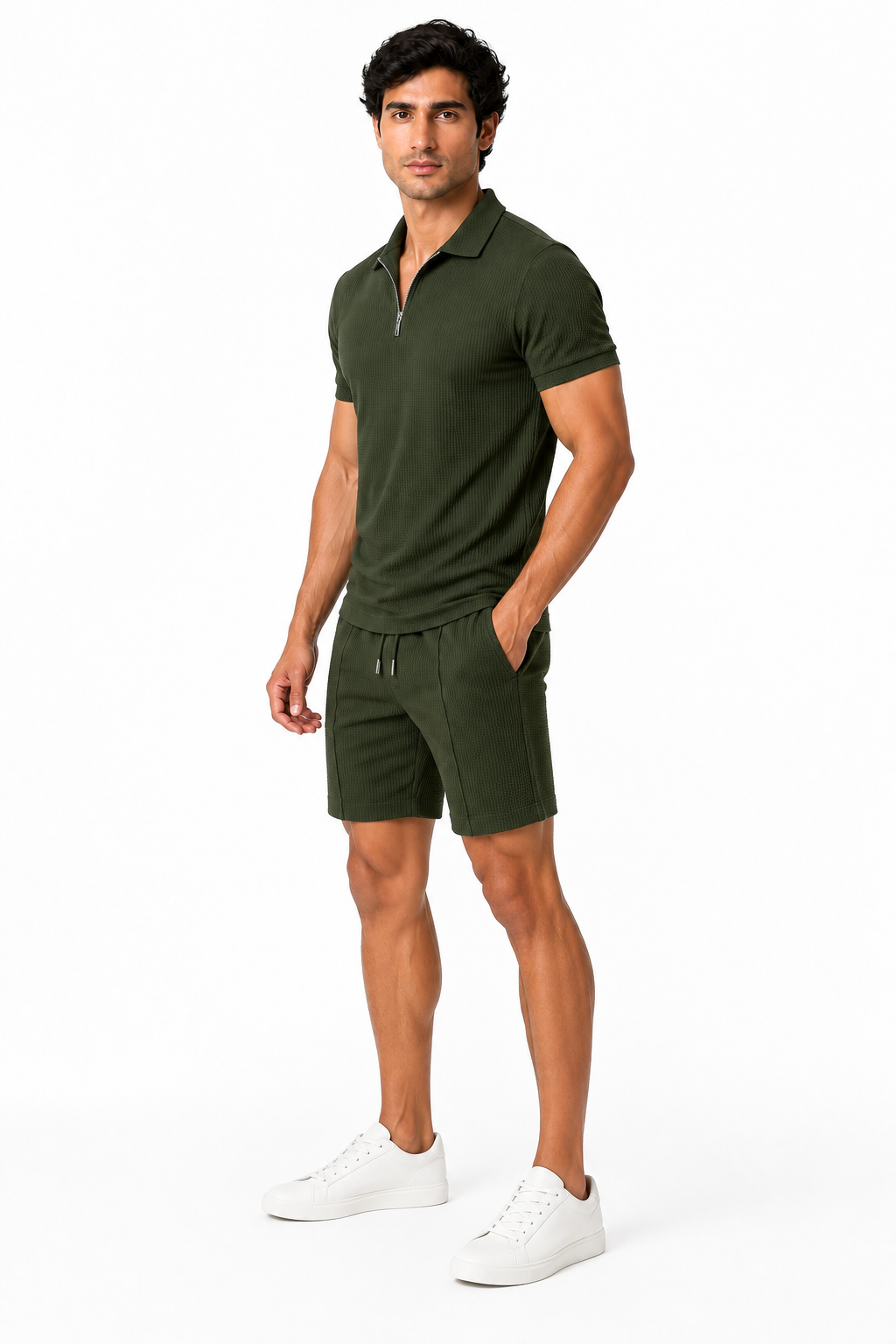 Men's Polo Shorts Set Waffle Knit Half Zip | Glitz & Fashion