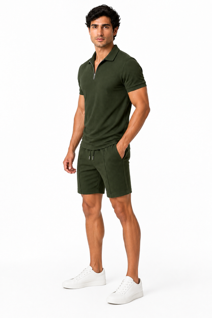 Men's Polo Shorts Set Waffle Knit Half Zip | Glitz & Fashion