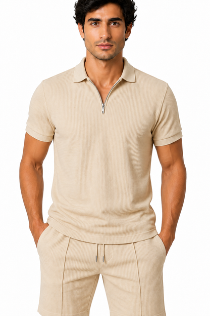 Men's Polo Shorts Set Waffle Knit Half Zip | Glitz & Fashion