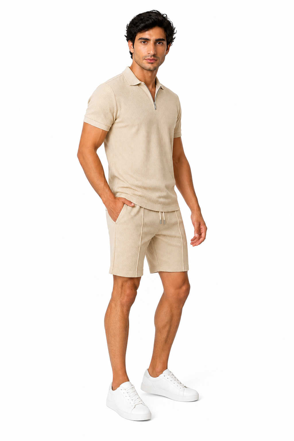 Men's Polo Shorts Set Waffle Knit Half Zip | Glitz & Fashion