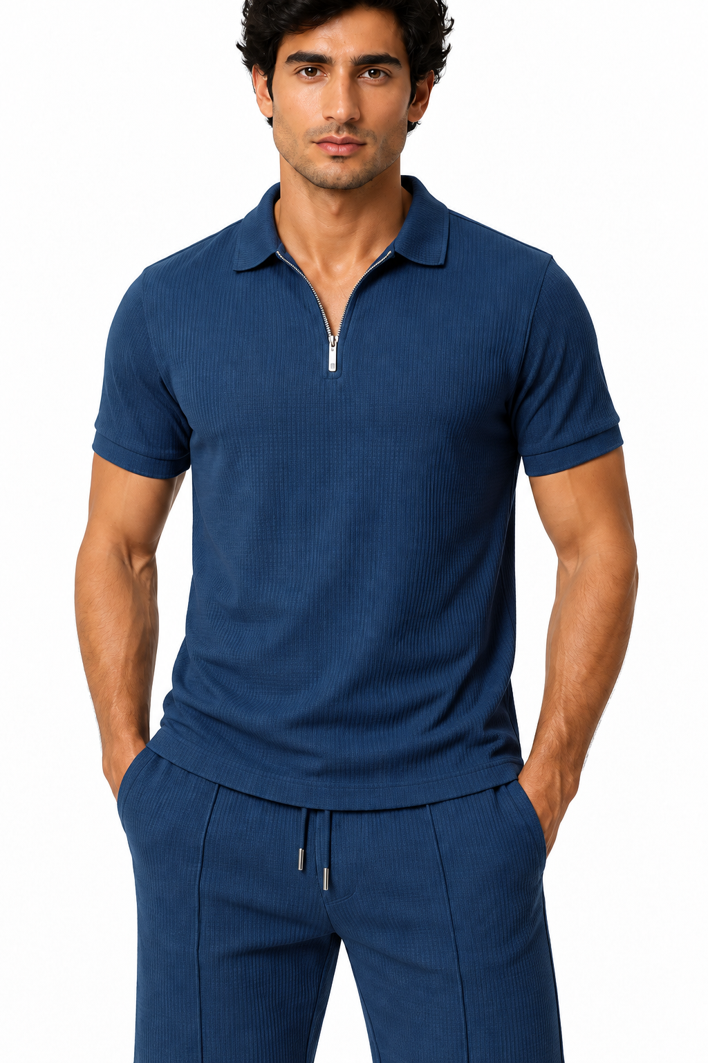 Men's Polo Shorts Set Waffle Knit Half Zip | Glitz & Fashion