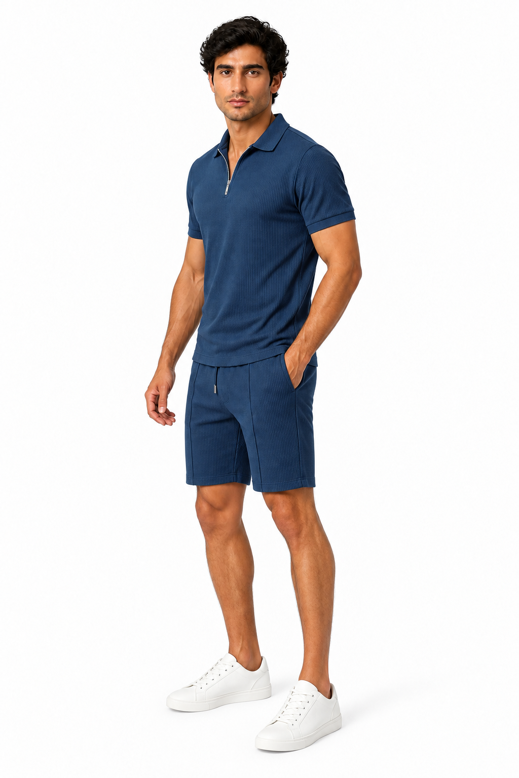 Men's Polo Shorts Set Waffle Knit Half Zip | Glitz & Fashion