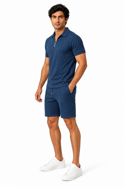 Men's Polo Shorts Set Waffle Knit Half Zip | Glitz & Fashion
