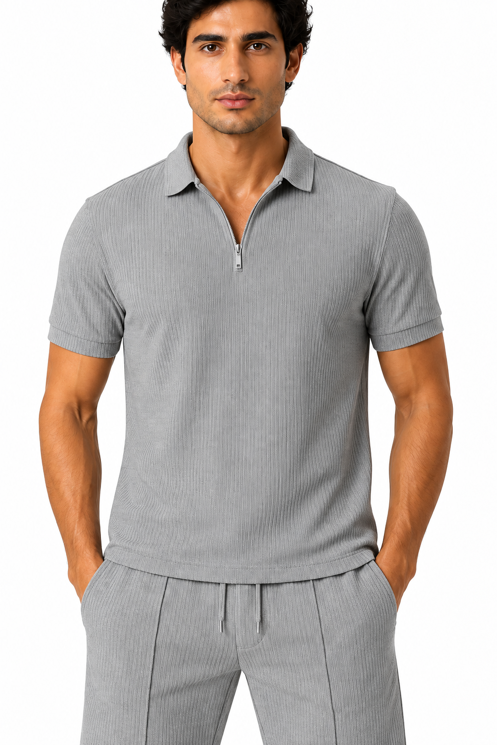 Men's Polo Shorts Set Waffle Knit Half Zip | Glitz & Fashion
